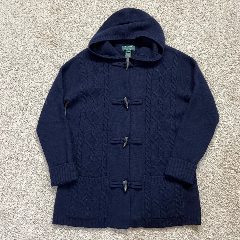 LAUREN Ralph Lauren NAVY BLUE Hooded TOGGLE Cashmere Blend CARDIGAN Sweater  P